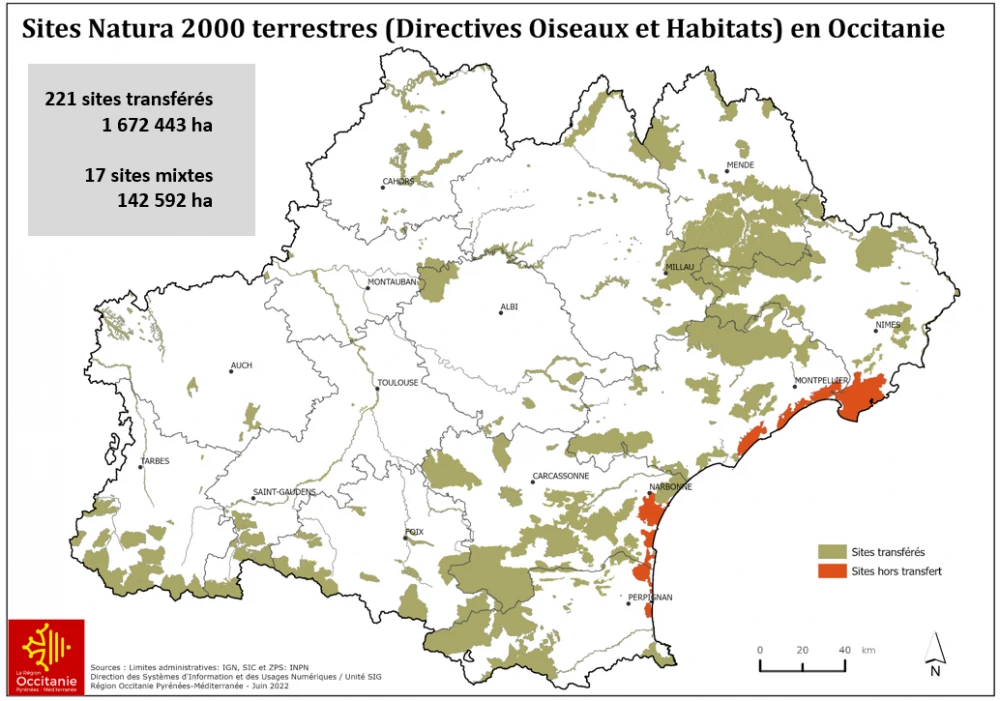 Carte des sites Natura 2000 en Occitanie