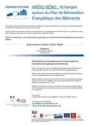 Affiche APÉRO-RÉNO : présentation et échanges autour du Plan de Rénovation Énergétique des Bâtiments