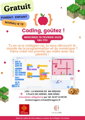 Affiche Coding Goûters parents-enfants : découvrir la programmation numérique.