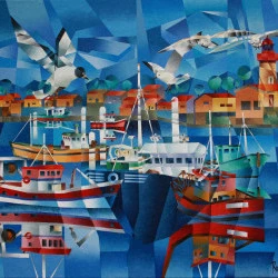 Port d'atlantique - Peinture à l'huile sur toile de lin Collection marine de Jean ROUGERIE - jean,rougerie,peinture,toile,huile,cubisme,cubiste,couleur,decoration,interieur,defiscalisation,artnow,art,artiste, peintre,france,frayssinet le gelat 