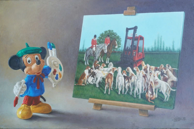 L'Atelier du peintre. - Mickey, l'ange sauveur de croûtes. Huile. 122x200cm. 2022