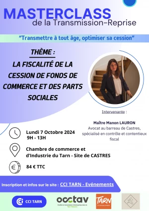 Affiche Masterclass de la Transmission-Reprise : La Fiscalité de la cession de fonds de commerce et des parts sociales