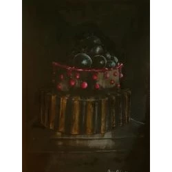 "Le Grand Gâteau noir" (en hommage au chef Mauro Colagreco - peinture à l'huile sur papier lourd,dans un cadre en bois de chêne, 120cmx80cm - claudine chartreux 