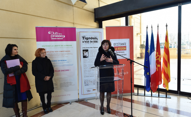 La présidente Carole Delga a exprimé son soutien à la liberté de la presse lors de la présentation de l'epo hommage à Charlie Hebdo © Antoine Darnaud