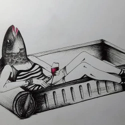 Mademoiselle Sardine - Dessin aux feutres fins rottring et une touche de rouge pour relever l'ensemble, personnification d'une sardine à l'heure de l'apéritif dans sa boîte à sardines, trinquant avec un verre de vin rouge. Un brin d'humour autour de cet univers Marin. - Émilance 