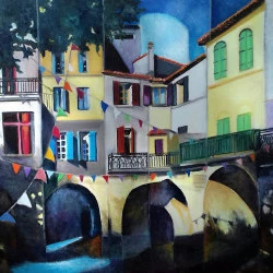 place du marché à Sommières - peinture à l'huile sur toile de lin 81X60